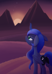 Size: 988x1394 | Tagged: safe, artist:dusthiel, derpibooru import, princess luna, alicorn, pony, atg 2021, glowing horn, horn, mountain, newbie artist training grounds, sun, sunset, try