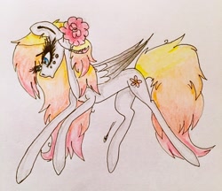 Size: 2446x2118 | Tagged: safe, artist:beamybutt, derpibooru import, oc, oc only, pegasus, pony, eyelashes, female, flower, flower in hair, mare, pegasus oc, signature, traditional art, wings