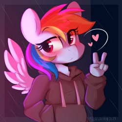 Size: 3000x3000 | Tagged: safe, artist:sakukitty, derpibooru import, rainbow dash, anthro, pegasus, blushing, clothes, cute, heart, hoodie, peace sign, rain, solo, spread wings, wings