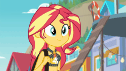 Size: 800x450 | Tagged: safe, derpibooru import, screencap, sunset shimmer, better together, equestria girls, forgotten friendship, adorasexy, animated, bare shoulders, beach, belly button, bikini, blinking, clothes, cute, eyes closed, female, geode of empathy, magical geodes, sexy, shimmerbetes, sleeveless, smiling, solo, swimsuit, teeth, walking