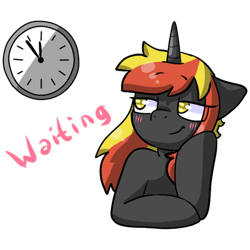 Size: 512x512 | Tagged: safe, artist:alex69vodka, derpibooru import, oc, oc only, oc:java, pony, unicorn, blushing, clock, female, simple background, sticker, text, transparent background