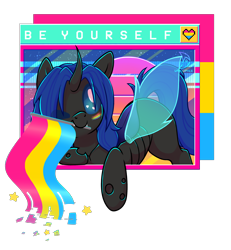 Size: 2448x2644 | Tagged: safe, artist:musicfirewind, derpibooru import, part of a set, oc, oc only, oc:swift dawn, changeling, pony, blue changeling, blue eyes, changeling oc, commission, eyebrows, eyebrows visible through hair, face paint, flag, horn, looking at you, male, microsoft, pansexual pride flag, pride, pride flag, signature, simple background, solo, stallion, transparent background, vaporwave, watermark, windows, windows 98, wingding eyes, wingdings, wings, ych result