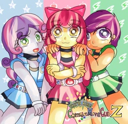 Size: 892x863 | Tagged: safe, artist:araiiara123, derpibooru import, apple bloom, scootaloo, sweetie belle, equestria girls, clothes, clothes swap, cosplay, costume, powerpuff girls z