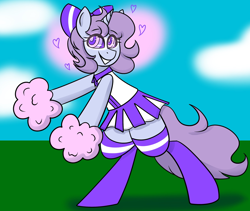 Size: 2048x1731 | Tagged: safe, artist:askhypnoswirl, derpibooru import, oc, oc only, oc:swirly daze, pony, unicorn, bow, cheerleader, cheerleader outfit, clothes, cloud, cute, eye clipping through hair, eyebrows, eyebrows visible through hair, female, floating, hair bow, hypnosis, mare, pom pom, simple background, skirt, smiling, socks, solo, swirly eyes