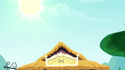 Size: 1280x720 | Tagged: safe, derpibooru import, screencap, dungeons and discords, background, cloud, no pony, ponyville, ponyville train station, scenic ponyville, sky, sun, tree