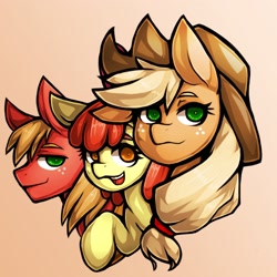 Size: 1764x1764 | Tagged: safe, artist:kyouman1010, derpibooru import, apple bloom, applejack, big macintosh, earth pony, pony, apple siblings, apple sisters, brother and sister, bust, female, filly, gradient background, male, mare, siblings, sisters, stallion