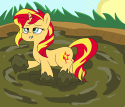 Size: 1400x1200 | Tagged: safe, artist:amateur-draw, derpibooru import, sunset shimmer, pony, unicorn, cutie mark, female, grin, mare, mud, mud bath, mud play, muddy, muddy hooves, smiling, wet and messy