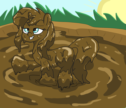 Size: 1400x1200 | Tagged: safe, alternate version, artist:amateur-draw, derpibooru import, sunset shimmer, pony, female, grin, mare, mud, mud bath, mud play, muddy, smiling, solo, wet and messy