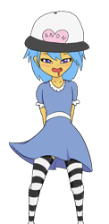 Size: 603x1236 | Tagged: safe, artist:happy harvey, derpibooru import, oc, oc:little league, human, equestria girls, blushing, clothes, colored pupils, drawn on phone, dress, drool, female, hands behind back, hat, looking at you, looking down, socks, striped socks