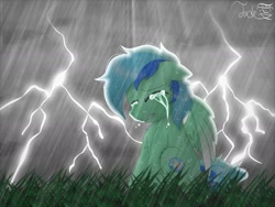 Size: 2000x1500 | Tagged: safe, artist:jadebreeze115, derpibooru import, oc, oc only, oc:jade breeze, pegasus, pony, colored wings, crying, depressed, ethereal mane, eyes closed, gradient wings, grass, lightning, looking down, male, pegasus oc, rain, sad, solo, stallion, teeth, thunderstorm, wet, wet mane, wings