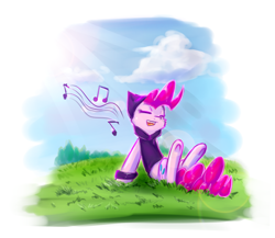 Size: 2631x2280 | Tagged: safe, artist:suplolnope, derpibooru import, pinkie pie, earth pony, pony, bracelet, clothes, cloud, crepuscular rays, eyes closed, female, grass, hoodie, jewelry, lens flare, mare, music notes, open mouth, outdoors, ponk, singing, sky, solo