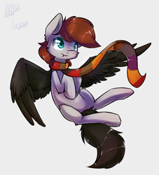 Size: 1665x1833 | Tagged: safe, artist:suplolnope, derpibooru import, oc, oc only, pegasus, pony, clothes, colored wings, female, flying, gift art, gray background, mare, scarf, scrunchy face, signature, simple background, solo, spread wings, wings