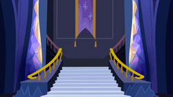 Size: 1280x720 | Tagged: safe, derpibooru import, screencap, dungeons and discords, background, banner, liminal space, no pony, scenic ponyville, stairs, twilight's castle