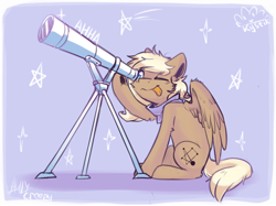 Size: 892x667 | Tagged: safe, artist:suplolnope, derpibooru import, oc, oc only, pegasus, pony, one eye closed, signature, sitting, solo, spread wings, stargazing, telescope, tongue, tongue out, wings