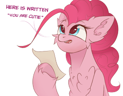 Size: 4500x3500 | Tagged: safe, artist:ponyangle, derpibooru import, pinkie pie, earth pony, pony, chest fluff, female, fluffy, happy, mare, open mouth, solo, text, unshorn fetlocks