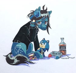 Size: 2266x2192 | Tagged: safe, artist:merrindon, derpibooru import, earth pony, pony, undead, zombie, zombie pony, alcohol, blood, bone, bottle, bring me the horizon, clothes, commission, controller, fangs, frown, headphones, long sleeves, male, oliver sykes, plushie, ponified, rainbow blood, raised hoof, raised leg, scar, shirt, signature, simple background, sitting, solo, sonic the hedgehog, sonic the hedgehog (series), stallion, stitches, tattoo, torn ear, traditional art, white background