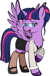 Size: 1600x2429 | Tagged: safe, artist:alexdti, derpibooru import, twilight sparkle, twilight sparkle (alicorn), alicorn, pony, bra, clothes, glasses, shirt, simple background, skirt, socks, solo, transparent background, underwear