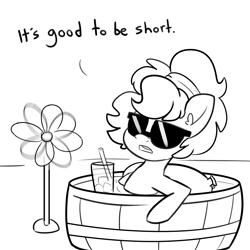 Size: 3000x3000 | Tagged: safe, artist:tjpones, derpibooru import, oc, oc only, oc:brownie bun, earth pony, pony, black and white, drink, fan, female, grayscale, high res, hot, mare, monochrome, simple background, solo, summer, sunglasses, tub, water, white background