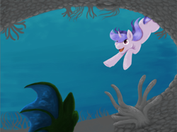 Size: 780x584 | Tagged: safe, artist:hinami, derpibooru import, sea swirl, seafoam, pony, unicorn, coral, crepuscular rays, female, flowing mane, horn, ocean, open mouth, open smile, purple eyes, redraw, seaweed, smiling, solo, swimming, underwater, water