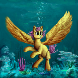 Size: 2000x2000 | Tagged: safe, artist:kingsleyrulz, derpibooru import, fluttershy, pegasus, pony, bubble, coral, crepuscular rays, feather, female, flowing tail, green eyes, ocean, pink mane, seaweed, solo, spread wings, underwater, wings