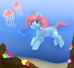 Size: 1500x1391 | Tagged: safe, artist:mangojax, derpibooru import, oc, oc only, earth pony, jellyfish, pony, contest, crepuscular rays, flower, holding breath, ocean, orange eyes, signature, solo, sunlight, underwater, water