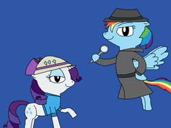 Size: 1700x1275 | Tagged: safe, artist:blazewing, derpibooru import, rainbow dash, rarity, pegasus, unicorn, atg 2021, bow, clothes, colored background, detective, diamonds, drawpile, explorer, fedora, female, flying, hat, hoof on hip, magnifying glass, mare, newbie artist training grounds, pith helmet, raised hoof, raised leg, shirt, smiling, trenchcoat