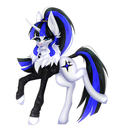 Size: 3864x4320 | Tagged: safe, artist:elektra-gertly, derpibooru import, oc, oc only, oc:coldlight bluestar, pony, unicorn, absurd resolution, bedroom eyes, clothes, collar, cutie mark, eyeshadow, female, horn, jacket, jewelry, leather, leather jacket, lipstick, looking at you, makeup, mare, ponytail, pose, posing for photo, simple background, smiling, smiling at you, solo, tail wrap, tiara, transparent background, unicorn oc, walking