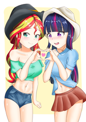 Size: 2480x3508 | Tagged: safe, artist:zoxriver503, derpibooru import, sunset shimmer, twilight sparkle, equestria girls, bare shoulders, belly button, blushing, clothes, cowgirl outfit, female, heart hands, human coloration, lesbian, schrödinger's pantsu, shipping, short shirt, sunsetsparkle