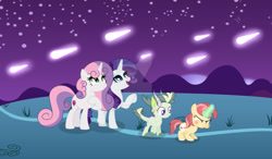 Size: 1024x599 | Tagged: safe, artist:velveagicsentryyt, derpibooru import, rarity, sweetie belle, oc, oc:burnity, oc:strawberlly, dracony, hybrid, pony, unicorn, female, filly, interspecies offspring, magic, offspring, older, parent:button mash, parent:rarity, parent:spike, parent:sweetie belle, parents:sparity, parents:sweetiemash, shooting star