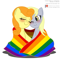 Size: 2583x2659 | Tagged: safe, artist:niban-destikim, derpibooru import, carrot top, derpy hooves, golden harvest, couple, derpytop, female, lesbian, no source, patreon, patreon logo, patreon reward, pride, pride flag, pride month, shipping, simple background, transparent background