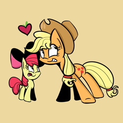 Size: 1280x1280 | Tagged: safe, artist:turtlefarminguy, derpibooru import, apple bloom, applejack, female, filly, heart, mare, siblings, sisters