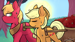 Size: 1280x720 | Tagged: safe, artist:urbanqhoul, derpibooru import, applejack, big macintosh, fanfic:an apple sleep experiment, apple, cart, food, sweat