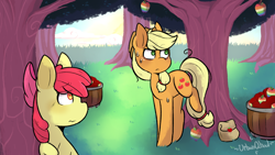 Size: 1280x720 | Tagged: safe, artist:urbanqhoul, derpibooru import, apple bloom, applejack, fanfic:an apple sleep experiment, apple, food, tree, zap apple