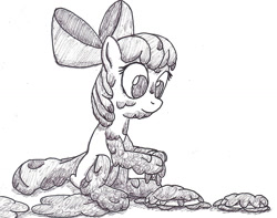 Size: 1280x1010 | Tagged: safe, artist:runeroonz, derpibooru import, apple bloom, earth pony, pony, female, filly, filthy, inktober 2017, mud, solo