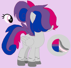 Size: 432x415 | Tagged: safe, artist:somecoconut, derpibooru import, oc, oc only, pegasus, pony, bisexual pride flag, colored hooves, eyelashes, female, hair over eyes, mare, pegasus oc, pride, pride flag, purple background, reference sheet, simple background, wings