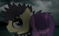 Size: 545x333 | Tagged: safe, artist:somecoconut, derpibooru import, oc, oc only, pony, unicorn, bust, choker, cloud, duo, ear piercing, earring, female, goth, horn, jewelry, magical lesbian spawn, makeup, male, mare, offspring, outdoors, parent:tempest shadow, parent:tree hugger, parent:twilight sparkle, parent:zephyr breeze, parents:tempestlight, parents:zephyrhugger, piercing, spiked choker, stallion, unicorn oc