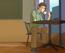 Size: 1280x1037 | Tagged: safe, artist:acesential, artist:tf-sential, march gustysnows, chair, clothes, coffee, table, transformation