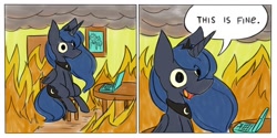 Size: 2000x1000 | Tagged: safe, artist:zemlya1741, derpibooru import, princess luna, alicorn, pony, comic, computer, crown, dialogue, female, fire, jewelry, laptop computer, mare, meme, open mouth, peytral, picture, regalia, sitting, smiling, smoke, speech bubble, table, this is fine