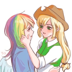 Size: 2000x2000 | Tagged: safe, artist:ycx23, derpibooru import, applejack, rainbow dash, human, appledash, comforting, crying, female, high res, humanized, lesbian, shipping, winged humanization, wings