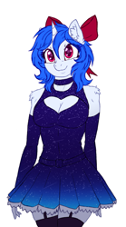 Size: 1435x2573 | Tagged: safe, artist:gempainter32, derpibooru exclusive, derpibooru import, oc, oc only, oc:diamond nella, anthro, unicorn, adorasexy, anthro oc, blue dress, blue hair, blue mane, bow, breasts, cleavage, clothes, colored, cute, dress, ear fluff, ears, eye clipping through hair, female, flat colors, hair bow, happy, legs together, looking at you, magenta eyes, mare, sexy, shoulder fluff, simple background, skirt, solo, white background