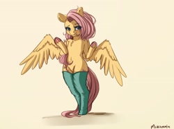 Size: 3800x2828 | Tagged: safe, artist:miokomata, derpibooru import, fluttershy, pegasus, semi-anthro, blushing, chest fluff, clothes, colored hooves, cute, female, freckles, freckleshy, frog (hoof), lidded eyes, mare, shyabetes, simple background, solo, spread wings, stockings, thigh highs, underhoof, wings, yellow background