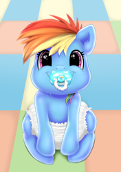 Size: 2000x2835 | Tagged: safe, artist:brightroom, derpibooru import, rainbow dash, pegasus, cute, diaper, female, filly, filly rainbow dash, looking at you, pacifier, smiling, smiling at you, solo, ych example, younger, your character here