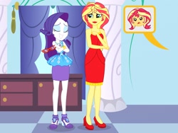 Size: 2816x2112 | Tagged: safe, artist:draymanor57, derpibooru import, rarity, sunset shimmer, oc, oc:sunrise shimmer, equestria girls, bare shoulders, rarity peplum dress, sleeveless