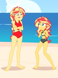 Size: 2112x2816 | Tagged: safe, artist:draymanor57, derpibooru import, sunset shimmer, oc, oc:sunrise shimmer, equestria girls, beach, clothes, fanfic art, sleeveless, sunset shimmer swimsuit, swimsuit