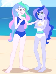 Size: 2112x2816 | Tagged: safe, artist:draymanor57, derpibooru import, princess celestia, princess luna, equestria girls, bare shoulders, beach, clothes, one-piece swimsuit, sleeveless, swimsuit