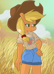 Size: 1000x1363 | Tagged: safe, artist:genericmlp, derpibooru import, applejack, anthro, applejack's hat, clothes, cowboy hat, field, hand on hip, hat