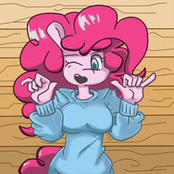 Size: 1000x1000 | Tagged: safe, artist:genericmlp, derpibooru import, pinkie pie, anthro, breasts, cleavage, clothes, missing tongue, one eye closed, open mouth, pinkie pies, sweater, wink