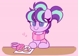 Size: 4096x2952 | Tagged: safe, artist:kittyrosie, derpibooru import, starlight glimmer, pony, unicorn, chocolate, clothes, colored pupils, cute, donut, female, filly, filly starlight glimmer, food, glimmerbetes, hot chocolate, marshmallow, mug, pigtails, redraw, scarf, solo, younger