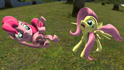 Size: 1920x1080 | Tagged: safe, artist:scout_guy, derpibooru import, fluttershy, pinkie pie, earth pony, pegasus, pony, 3d, atg 2021, female, mare, newbie artist training grounds, screaming, source filmmaker