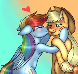 Size: 2881x2754 | Tagged: safe, artist:ponykittenboi, derpibooru exclusive, derpibooru import, applejack, rainbow dash, earth pony, pegasus, pony, ;p, appledash, applejack's hat, belly button, blushing, cheek squish, clothes, cowboy hat, cute, dashabetes, eyes closed, female, hat, jackabetes, kissing, kissing cheek, lesbian, one eye closed, shipping, squishy cheeks, tongue, tongue out